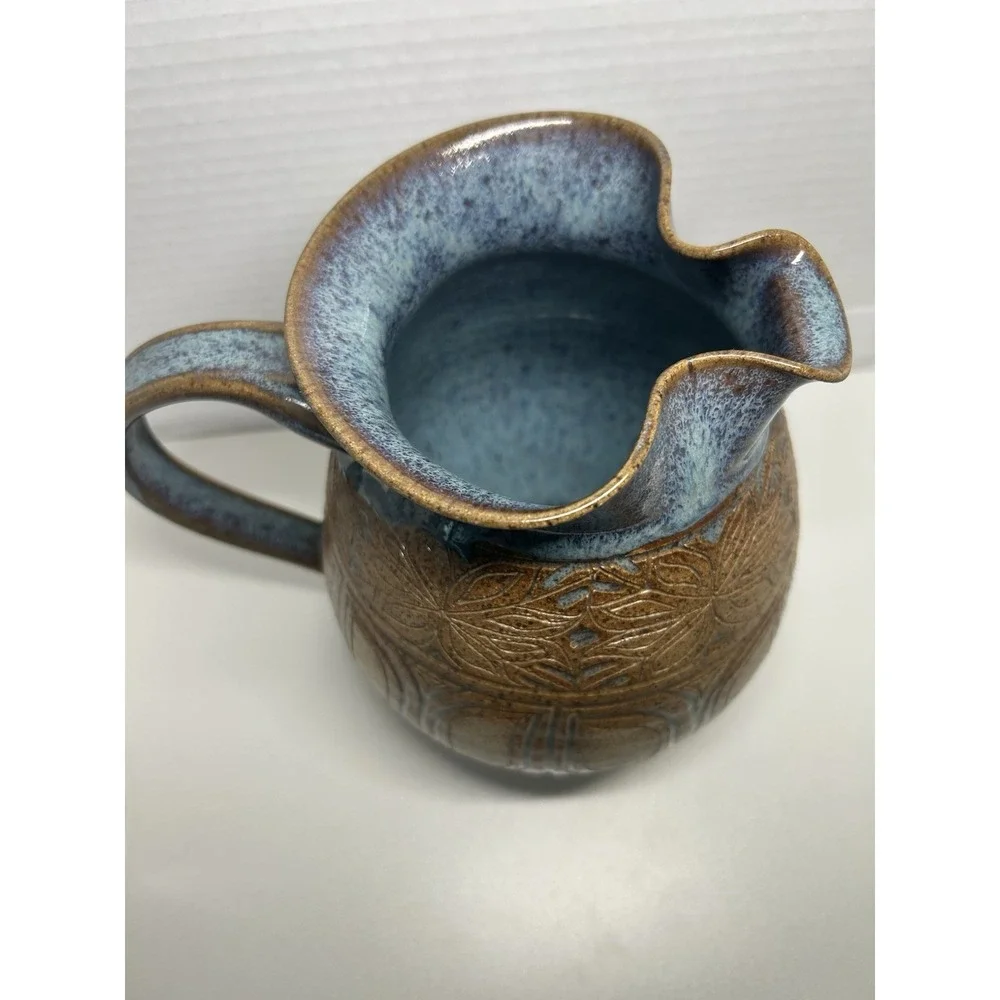 Susan Brown Freeman Incised Monstera Studio Pottery Pitcher 7 1/2
